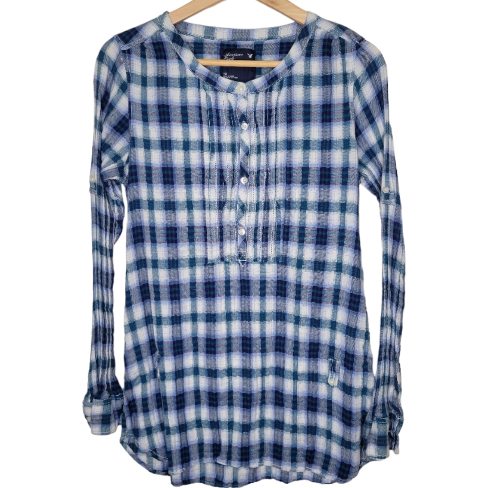 American Eagle Blue Plaid Popover Tunic Shirt, Size 12